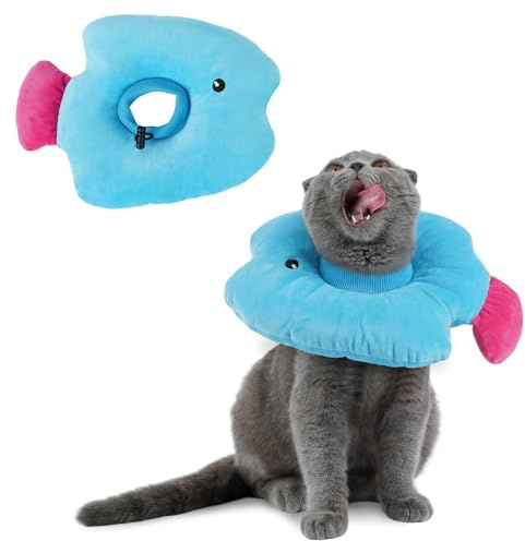 ADNIKIA Cat Cone Collar Soft, Adjustable Cat Recovery Collar After Surgery, Pet Pillow Cone, Anti-Lick Wound Healing Elizabethan Collar for Kittens, Cute Fish L