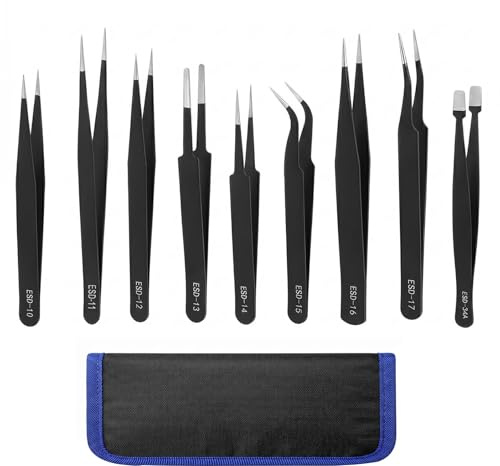 JYYWTSI Juego de 9 pinzas ESD, juego de pinzas de precisión, antiestáticas, de acero inoxidable, con bolsa de almacenamiento para electrónica, soldadura, joyas, modelismo, reparación, manualidades