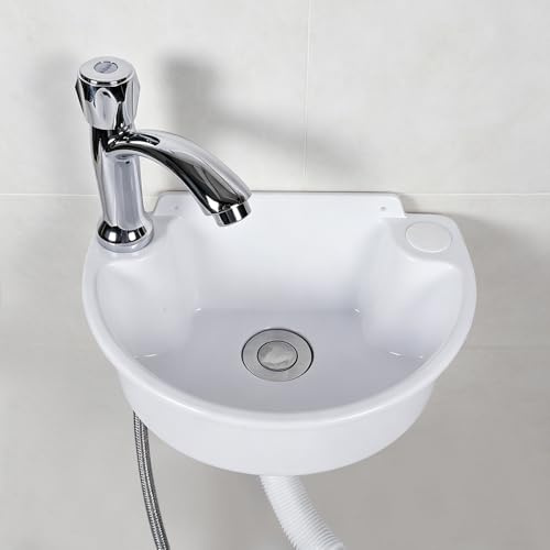 Ensemble d'évier en plastique avec bec verseur, lavabo à main avec robinet, tuyau et accessoires de drainage, demi-cercle courbé pour jardin, garage, cave, camping, toilettes (gris)