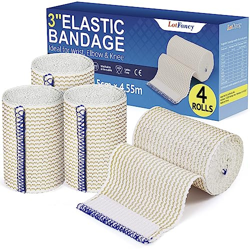 LotFancy Elastic Bandage Wrap, 4 Pack 3 Inch Medical Compression Wrap for Injury, Sports, Latex Free Lymphedema Bandages for Legs, Ankle, Foot, Wrist, Arm, Hand, with Hook & Loop Closure on Both Ends