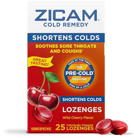Zicam Cold Remedy Zinc Lozenges, Wild Cherry Flavor, Homeopathic, Soothes Sore Throat and Coughs, Cold Shortening Medicine, Shortens Cold Duration, 25 Count