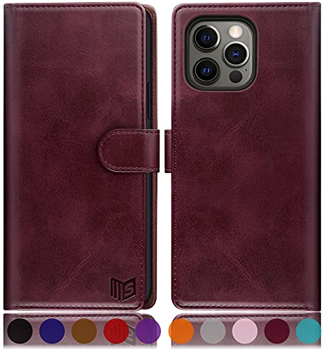 SUANPOT [RFID Schutz für iPhone 13 Pro Max 6,7-Zoll Hülle PU Leder Handyhülle Lederhülle Klapphülle Kartenfach Flip Cover für Apple 13 Pro Max Handy hülle Leather Wallet Phone Case Rotwein