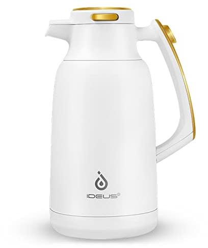 IDEUS Insulated Coffee Jug 2l, Double Wall Vacuum Stainless Steel Water Pitcher Milk Carafe Thermal Teapot Beverage Dispenser Thermo (White)