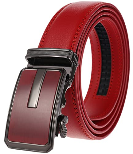 Anopo Cintura da uomo in vera pelle con fibbia automatica in lega Cintura da abito in jeans per abiti casual da lavoro regolabile Rosso 125CM