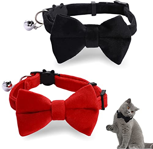 2 Stück Samt Katzenhalsband mit Glöckchen und Fliege verstellbar für kleine Welpen Sicherheitsfliege einfarbig für Hochzeiten Grundfarbe Katzen-Fliege
