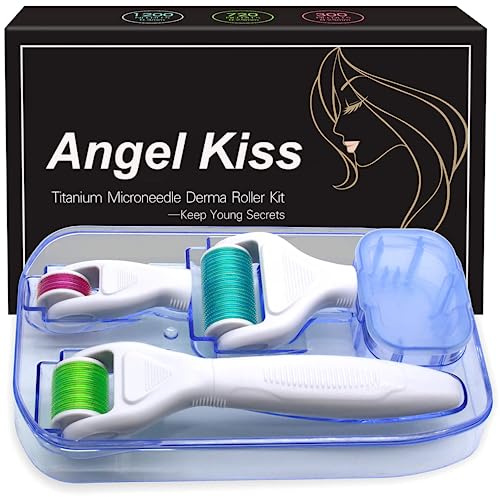 Angel Kiss 4 in 1 Titanium Microneedling Derma Roller Kit for Face and Body | Microneedle Roller Set for Women Men - 300 Needle 0.5mm, 700 and 1200 Needle 1.0mm, Beard Roller for Men, w/ Storage Case