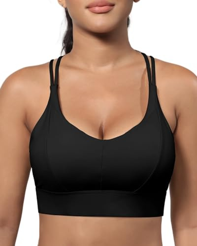 Grace Form Sports Bra for Women Strappy Medium Support Push Up Padded Sports Bra for Running Workout Bra Yoga Bra Black