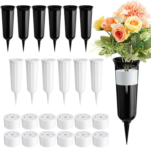 Sunnychicc 12 Set Cemetery Vases for Grave Memorial Plastic Flower Vases with Spikes and Grave Floral Holder for Cemetery Grave Lawn Memorial Decorations(Black, White)
