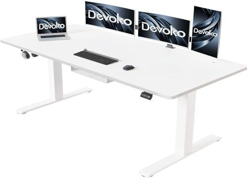Devoko Höhenverstellbarer Schreibtisch 180 x 80 cm mit Kabelwanne, Elektrisch Höhenverstellbarer Stabiler Stehpult, Computertisch 2-Funktions-Memory, Ergonomischer Steh-Sitz Tisch (Weiß)