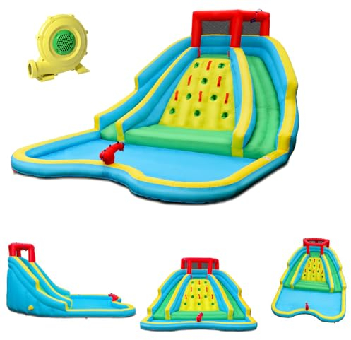 LIFEZEAL Château Gonflable avec Souffleur 680W pour Enfants 3-10 Ans, Parc Aquatique avec Double Toboggan, Mur Escalade, Grand Piscine, Canon à Eau, Charge 150 kg, 427 x 366 x 229 cm
