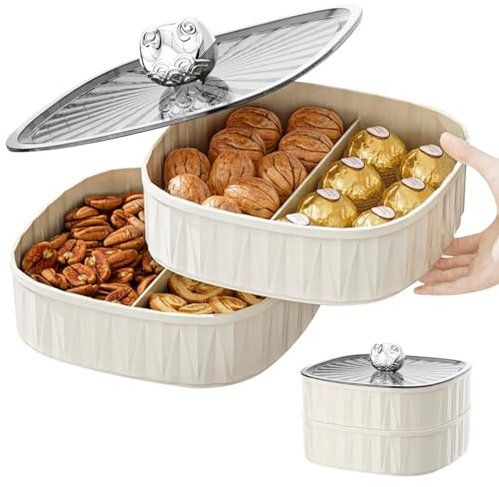 letuxaamz Snackschale mit Deckel, Snack Spinner,Doppellagiger Snackteller 4 Fächern Aufbewahrungsbox,Snackbox Organizer für SüßIgkeiten Candy Veggie Keks Nüsse Obst