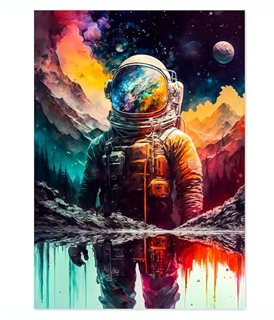 Lone Spaceman Space Poster, Colourful Abstract Astronomy Wall Art Home Decor, Astronaut Planets Print, Archival Matte, A4 (Print Only) - 29.7x21cm