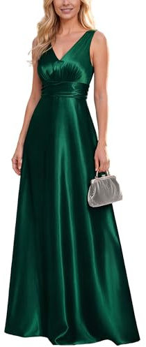 Ever-Pretty Women Maxi Bridesmaid Dress Pleated A-Line Satin Sleeveless Double V Dark Green 16UK