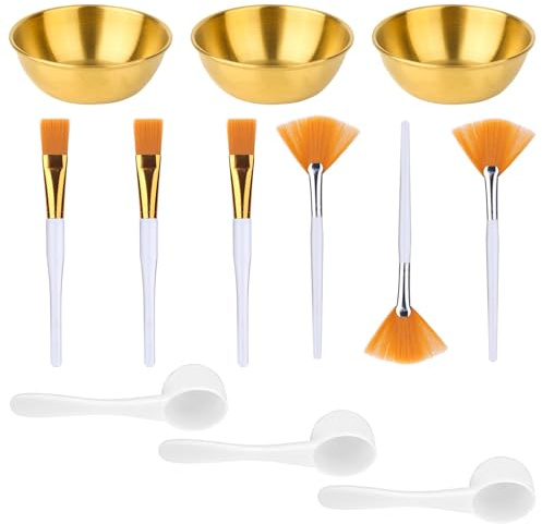 Juego 12 Pzs Suministros de Esteticista para Tratamientos Faciales, que Incluye 3 Cuencos Faciales, 3 Cepillos de Abanico, 3 Cepillos y 3 Palas para Juego Mezcla Mascarillas Cosméticas (Oro)