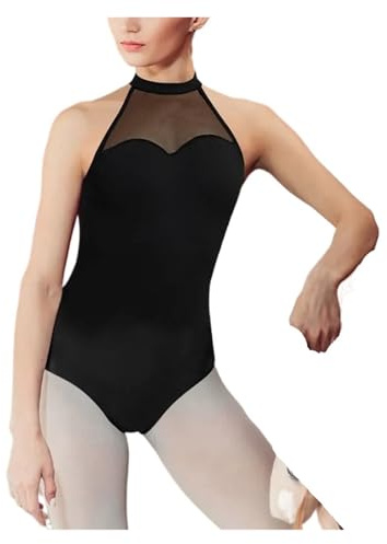 SDIUAKBV Ballet Adulto Mallot de Danza Maillot de Ballet Negro for Mujer, sin Mangas, Cuello Halter, Empalme de Malla, Espalda con Efecto Gota de Agua y Cierre con Broche.(M)