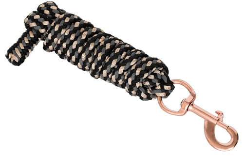 Start Longe cheval 2 m en nylon - Corde de fixation pour chevaux avec crochet de panique ou mousqueton - Corde robuste pour l'entraînement, la conduite et le travail au sol (noir/gris/or, mousqueton)
