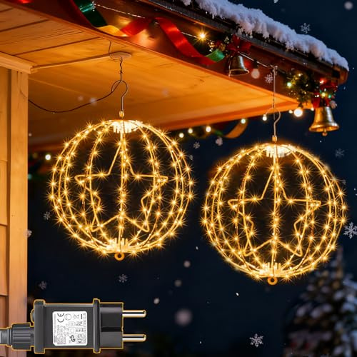 Yowin 2 Pièces Boule Lumineuse Noël 30CM 200 LED Étoile Lumineuse avec Transformateur, Minuterie, 8 Modes Boule de Noël Exterieur Étanche Guirlande Lumineuse pour Jardin Fête Decoration - Cadre Blanc