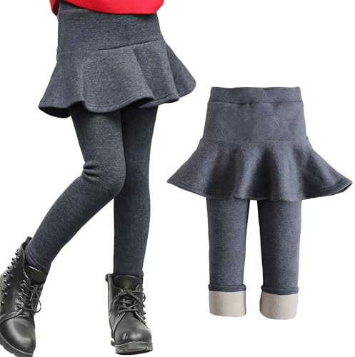 JiAmy Legging pour fille avec doublure polaire et jupe à volants, pantalon chaud d'hiver pour fille de 3 à 12 ans, gris foncé, 9-10 ans