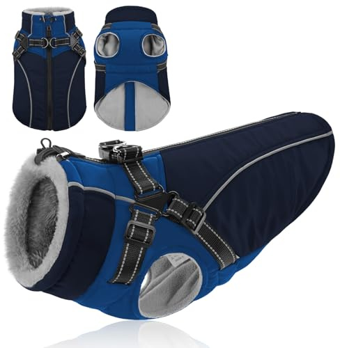 KONVINIT Hundejacke mit Geschirr Winter Wasserdicht Hundemantel mit leichtem Fleecefutter und reflektierende Streifen für Sicherheit bei Dunkelheit