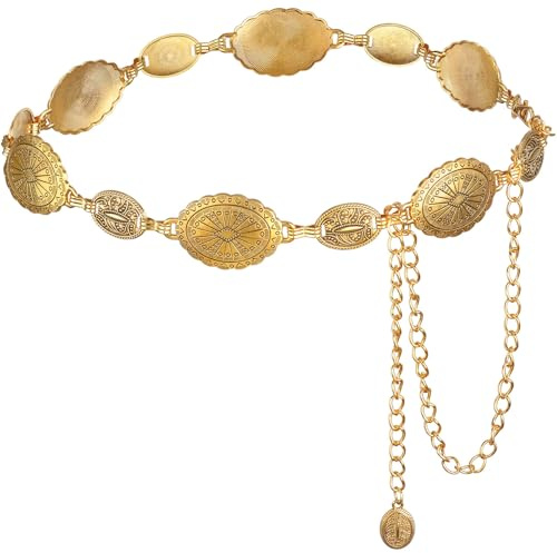 DRESHOW Cinturón Metálico Occidental con Concho Mujer Cadena Cinturon Cowgirl Cadena Ajustable Vintage Dorada para Mujer para Vestidos Vaqueros y Conciertos Country