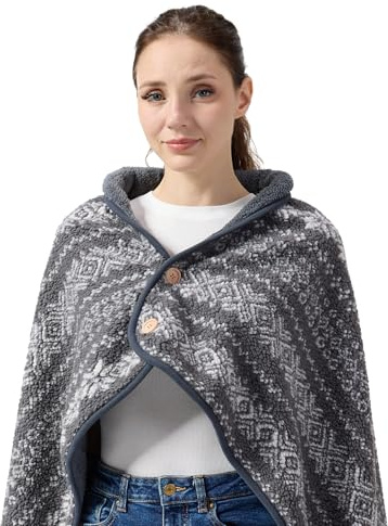 SHINEDOOR Jacquard Sherpa Wearable Blanket, Lap Blanket, Comfy Poncho Throw with Wooden Buttons,Fleece Wearable Blankets for Women, Soft Winter Shawl Gifts & Home Boho Grey Pattern