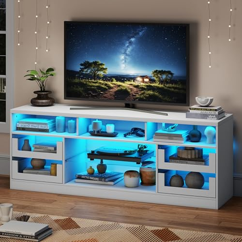 Gyfimoie TV Stand Cabinet for 65 Inch TV, Wooden TV Unit with RGB LED Lighting & Power Strip, TV Table with Glass Shelves & 4 Drawers, Entertainment Center for Living Room, Bedroom, White