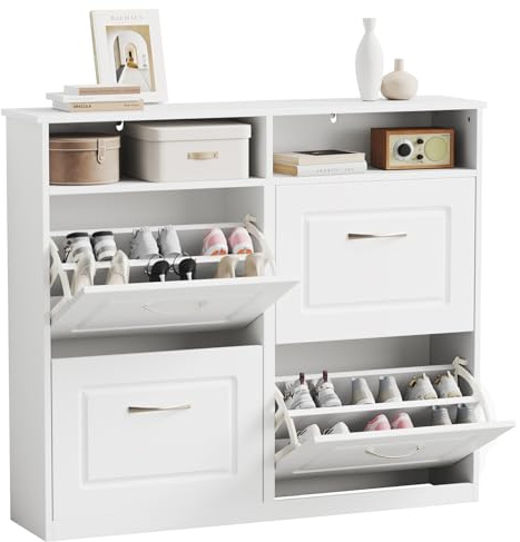 Sweetcrispy Schuhschrank mit 4 Klappen, schmaler Schuhkipper mit offenen Ablagefächern, verstellbare Trennwände, platzsparend für Flur/Diele/Eingang, 104 x 90 x 24 cm, Weiß