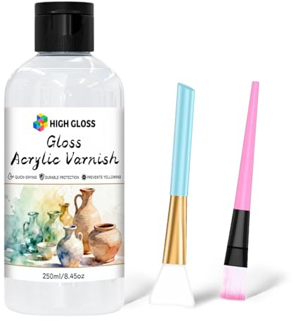 OOTDART Gloss Acrylic Varnish with Pump, High Gloss Clear Sealer for Acrylic Paintings, Quick-Dry Water-Based Non-Toxic, UV & Yellowing Protection, Multi-Surface with Bonus Brush (250 ml)