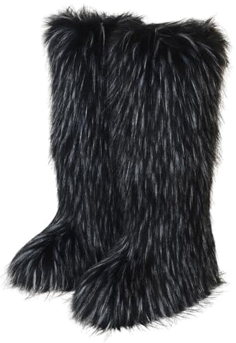 Jemnpela Bottes de Neige Molletonnées Fausse Fourrure pour Femmes Tige Large Haute Rond Bout Talon Plat Y2K Longues Bottines Douillettes Chaudes à Enfiler Intérieur Extérieur