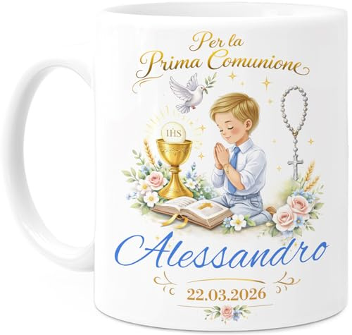 Tassenliebling Cupdarling – Comunione Tazza personalizzabile - Per la Prima Comunione - Regalo Memorabile - Tazzone Unico - Idea Regalo Speciale - Ceramica 330ml - Ragazzo (Bianco)