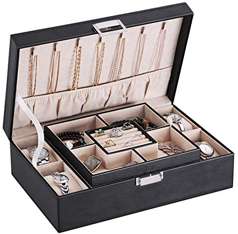 BEWISHOME Mens Jewelry Box, Jewelry Organizer with 4 Watch Case Removable Tray, Jewelry Storage Case for Necklace, Earring Ring Bracelet, PU Leather, Velvet Lining Black SSH07B
