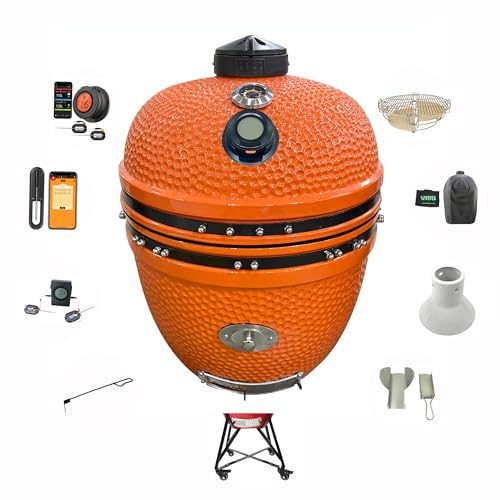 YNNI KAMADO TQTT23OR XL Gril de 58,4 cm, orange, mangeoire à frites, barbecue, céramique, œuf, fumoir, TQTT23OR