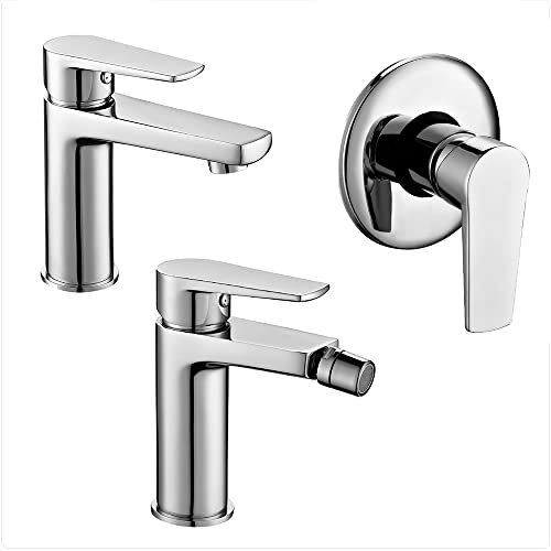 Set miscelatori rubinetteria bagno lavabo bidet e doccia incasso, completo di accessori, in ottone cromato, serie Erika (Set lavabo bidet doccia incasso)
