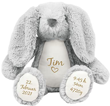 mamir home Hase Baby Geschenk Kuscheltier personalisiert mit Name & Geburtsdaten I 34cm I Geschenkidee zur Geburt I Taufe, Geburtstag & Weihnachten