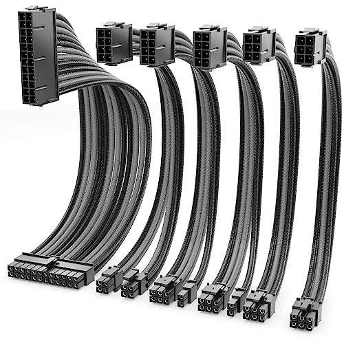 deleyCON Netzteil Kabel Verlängerung Set 6-Teilig 30cm - Grafikkarte PC Computer Mainboard ATX 24-Pin EPS 4+4-Pin PCI Express 6+2-Pin & 6-Pin Stromkabel Stecker auf Buchse Schwarz Grau