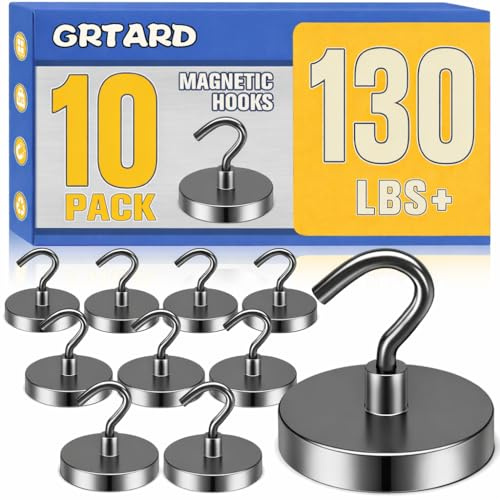 Grtard 10 Pack Magnetic Hooks Heavy Duty, 130LBS Strong Magnet Hooks Heavy Duty, Magnetic Hooks for Cruise Cabins, Neodymium Magnets with Hook for Hanging, Outdoor, Kitchen, Workplace, Garage(Black)