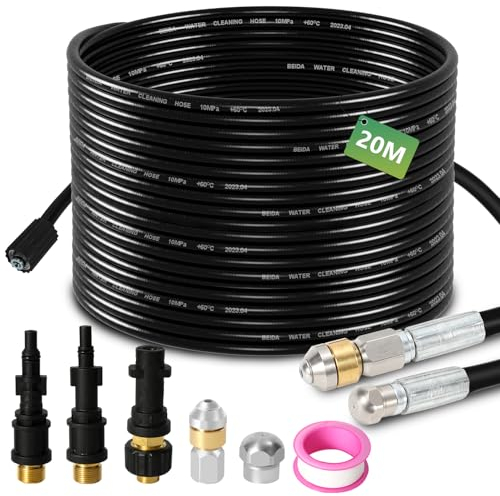 Eulenke Tuyau de nettoyage de canalisations 20 m, 2 buses rigides et rotatives, 3 adaptateurs, compatible avec Kärcher K2 - K7, LAVOR, Parkside, Bosch, Kit de nettoyage de tuyaux de qualité supérieure