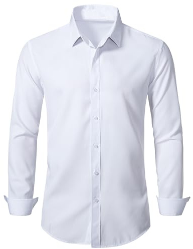 BEILU Stretch Mens Slim Fit Dress Shirts Formal Long Sleeve Button Down Shirts White Large