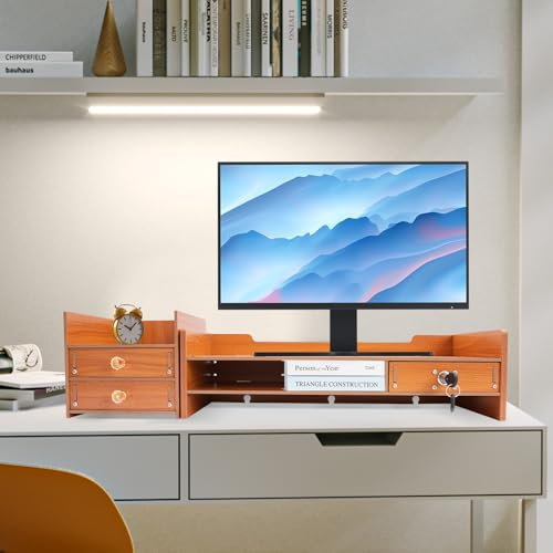 JUDEMII Bildskärmstativ med 3 lådor, monitorställ i trä med enskilda fack, datorskrivbord med telefonhållare, datorskärm, stativ, monitorstativ för förvaring, filer, bärbara datorer