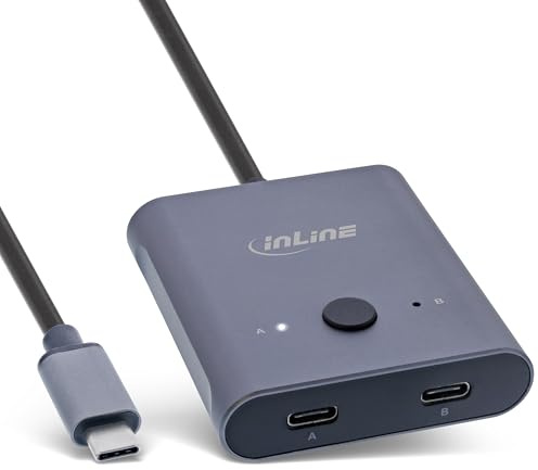 InLine USB-C-switch, dubbelriktad (data och video), 2 i 1 ut eller 1 i 2 out, distributör/omkopplare för datorer, 8K@60Hz 4K@60Hz video, 10 Gb/s dataöverföring, 100 W laddning, 60603T