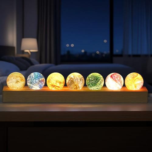 OXYEFEI 3D Kristallkugel Nachtlicht,7 Farben von Kristallkugeln für die Raumdekoration 40mm Glas Kugel Planeten Lampe mit Holzsockel Astronomie Geschenk für Mutter, Kinder, Freundin