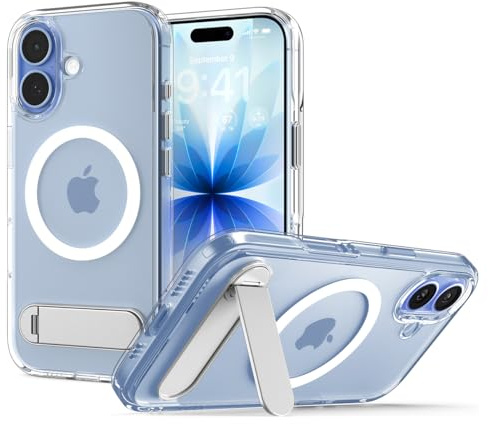 Spigen Ultra Hybrid S MagFit Case with Stand for iPhone 17, MagSafe Compatible Phone Cover [360° Rotating Kickstand] [Anti-Yellowing] - Clear White