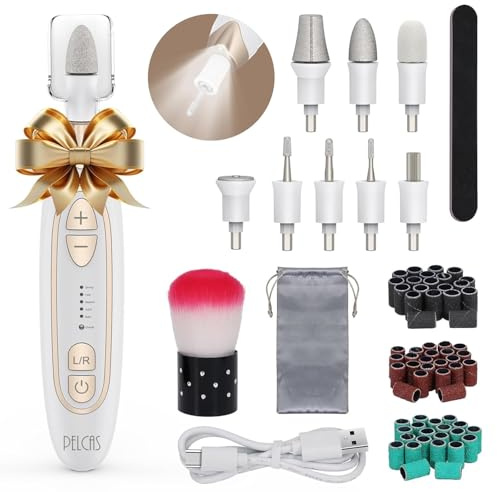 PELCAS Nagelfräser für dicke Fußnägel, 45.000 U/min Kabellos Nagelfeile mit LED-Licht & 5 Stufen, Maniküre- & Pediküre-Set mit 8 hochwertigen Nagelpflege-Aufsätzen für Gelnägel, Acryl & Naturnägel