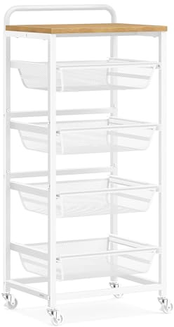 VASAGLE Carrello da Cucina a 5 Ripiani, con Cesti Scorrevoli, Carrellino da Cucina con Rotelle, con Maniglia, 31,7 x 40 x 95 cm, Rovere Dorato e Bianco Opaco LRC041YA01