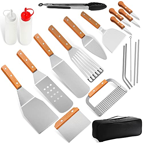 Home Safety Grillbesteck Set - 20-TLG Grillspachtel Set Werkzeugset, Profi BBQ Zubehör Grillwender aus Edelstahl mit mit Quetschflaschen und Tragetasche für Grillen im Freien, Teppanyaki, Camping