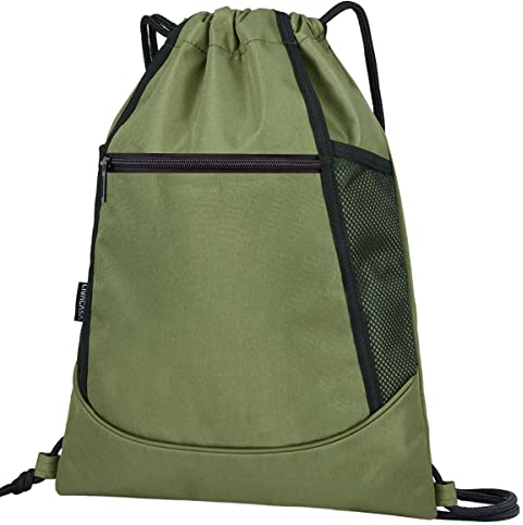 LIVACASA Turnbeutel Wasserdicht Sportbeutel Hipster mit Reißverschluß Innentasche Außentasche Gym Bag Hipster Verstellbar Tunnelzug Rucksack Beutel Damen Herren (Pures Olive, One Size)