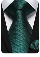 HISDERN Emerald Green Ties for Men Solid Plaid Forest Tie with Pocket Square Set Plain Dark Hunter Green Ties Handkerchief Satin Silk Neckties Wedding