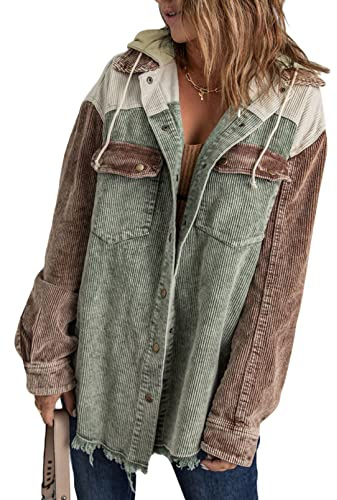 Dokotoo Winter Clothing for Women Corduroy Jackets Long Sleeve Flannel Shirts Button Up Coats Contrast Color Block Oversized Hooded Winter Fall Clothes 2025 Shacket Jackets with Pockets Green Medium