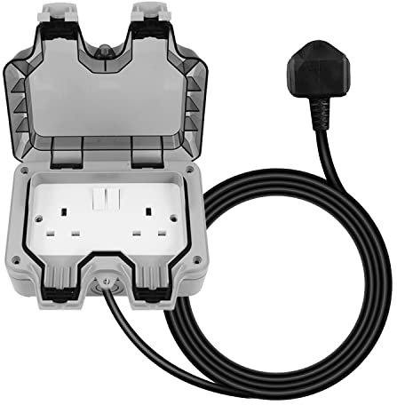 Outdoor Socket Waterproof Double Plug with Extension Lead External 2 Gang Switched Socket Cover Wall Electrical Outlet IP66 13Amp Weatherproof (1M)
