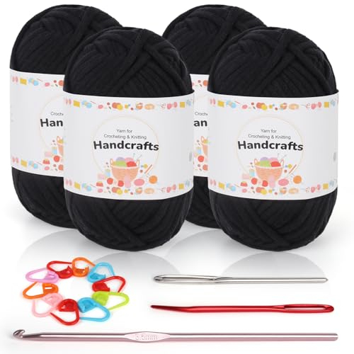 Coopay 4 x 50g Baumwolle Häkelwolle für Anfänger, Gut Sichtbare Maschen Garn Häkelgarn mit Häkelzubehör, Chunky Wolle zum Häkeln, Dickes Baumwoll-Nylon-Mischgarn für Tasche, Puppen - Schwarz
